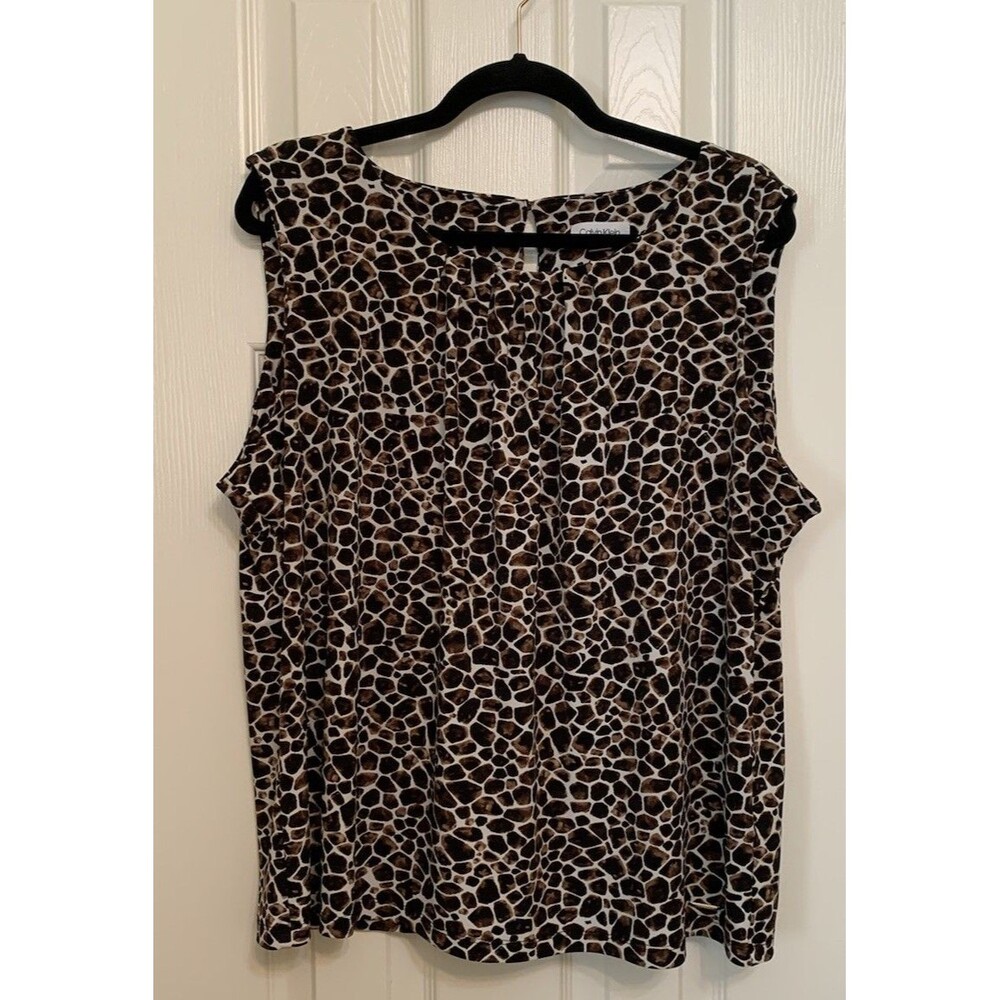 Calvin Klein Womens Size 2X Top Animal Print Sleeveless Pleated Neckline Stretch